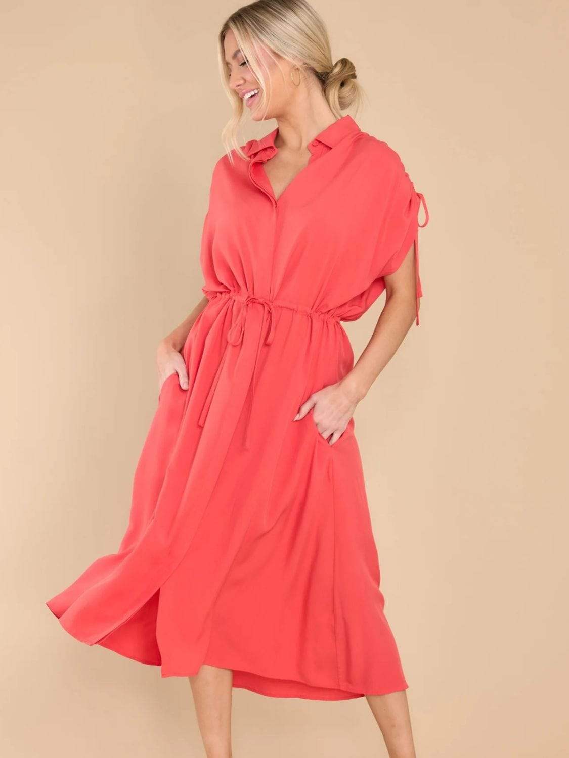 Drawstring Collared Neck Short Sleeve Midi Dress - Trendsi - Flyclothing LLC