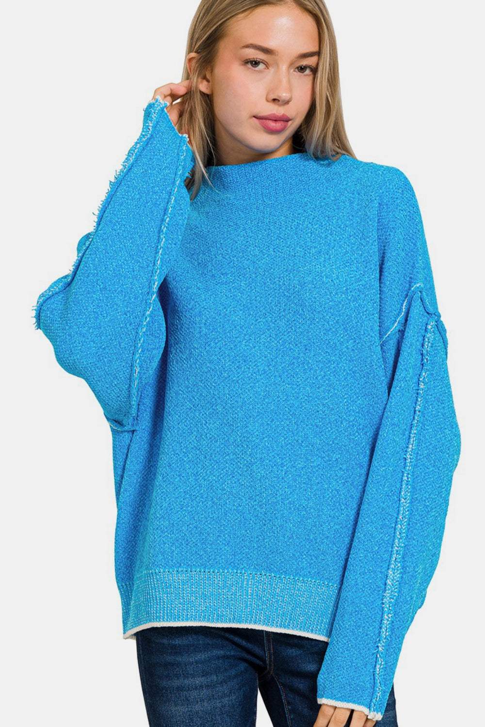 Zenana Exposed Seam Mock Neck Long Sleeve Sweater - Trendsi - Flyclothing LLC