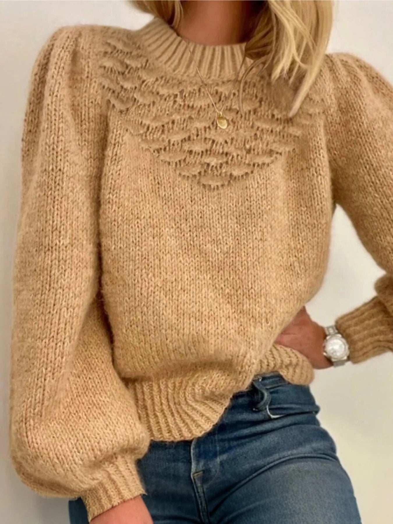 Textured Knit Round Neck Long Sleeve Sweater - Trendsi - Flyclothing LLC