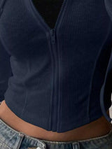 Ribbed Knit Cropped Zip-Up Outerwear - Trendsi - Flyclothing LLC