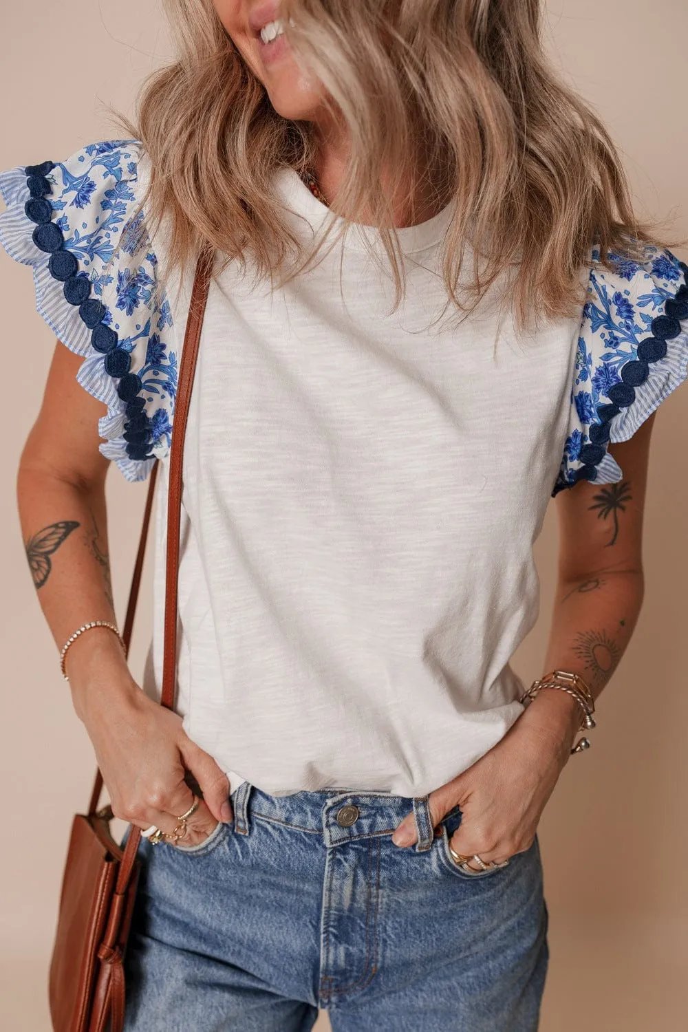 Round Neck Printed Ruffled Cap Sleeve Blouse - Trendsi