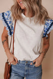 Round Neck Printed Ruffled Cap Sleeve Blouse - Trendsi