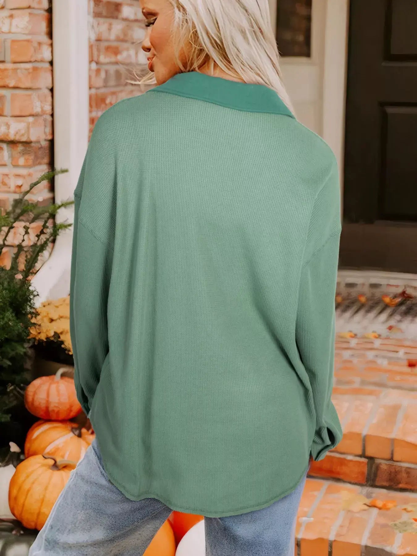 Waffle Knit Vintage Patchwork Button Up Loose Shirt - Trendsi - Flyclothing LLC