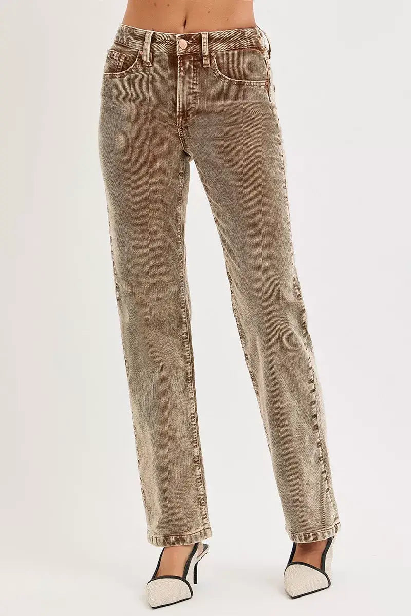 RISEN Tummy Control Mid Rise Straight Leg Corduroy Pants - Trendsi - Flyclothing LLC
