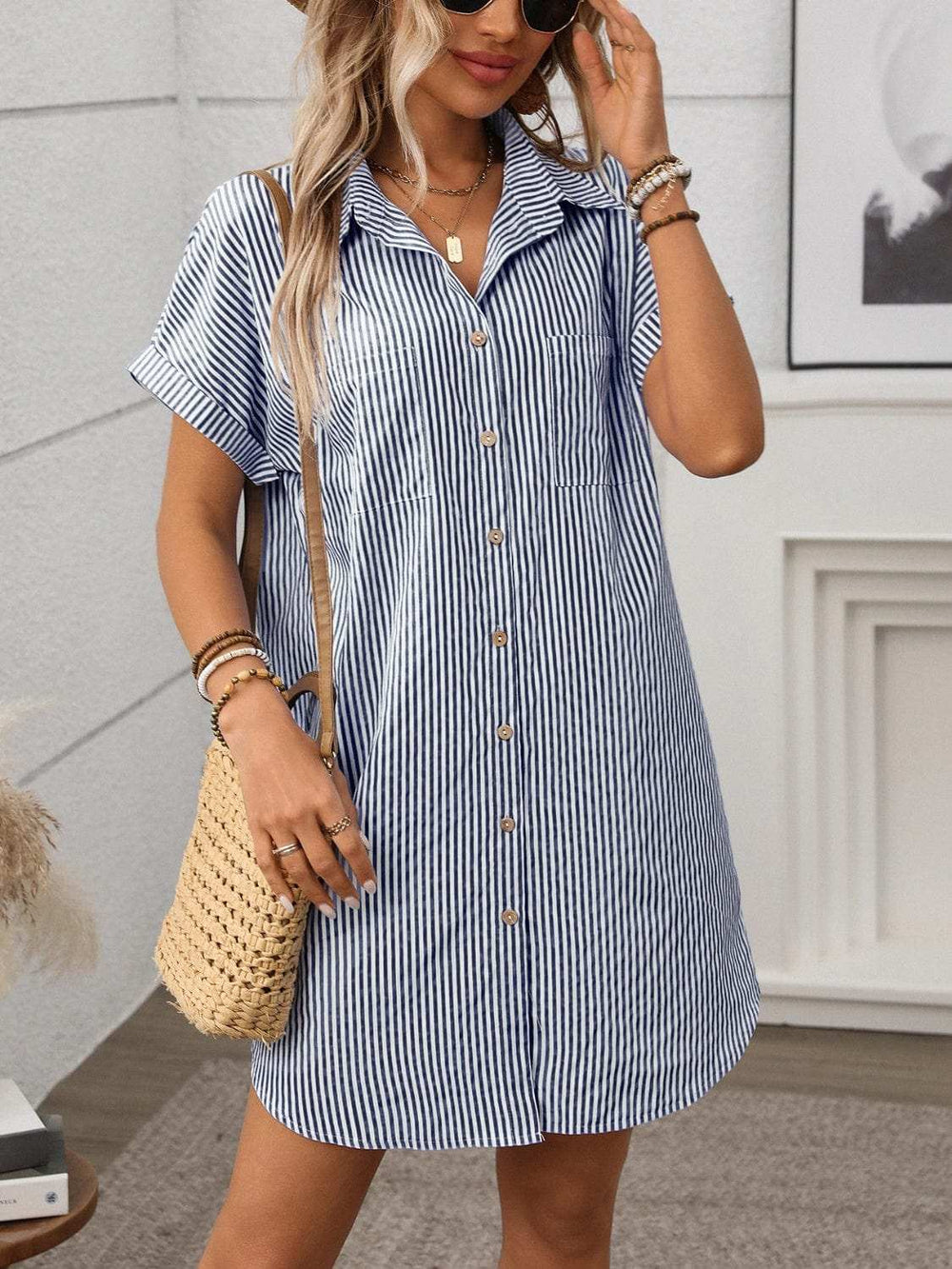 Striped Button Down Short Sleeve Mini Dress - Trendsi - Flyclothing LLC