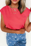Stripe Ribbed Cap Sleeve Round Neck T Shirt - Trendsi - Flyclothing LLC