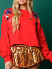 Sequin Round Neck Dropped Shoulder Sweatshirt - Trendsi