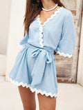 Contrast Trim Surplice Tie Waist Romper - Trendsi