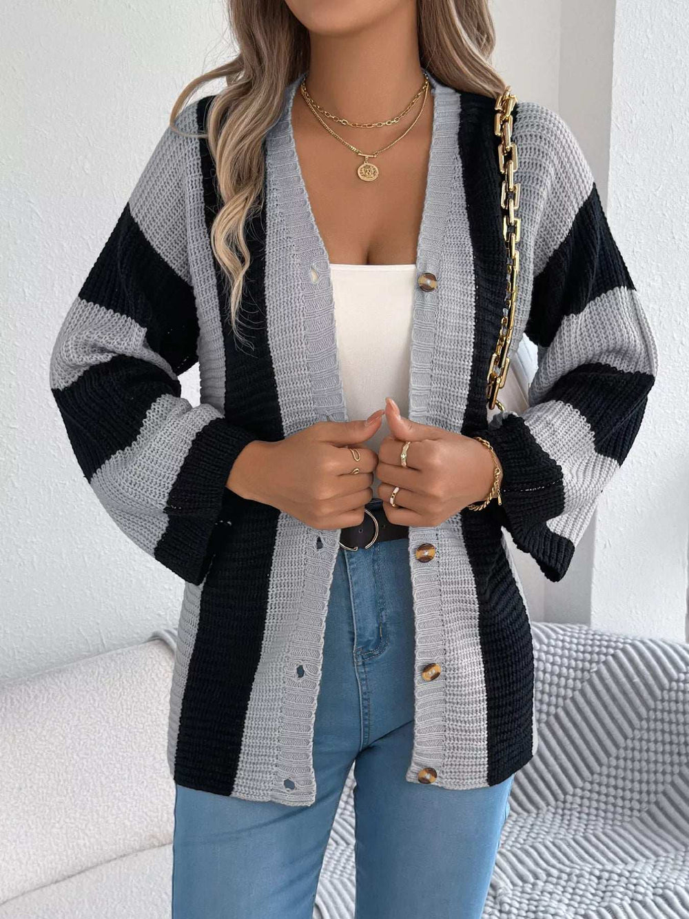 Color Block Button-Up Cardigan - Trendsi - Flyclothing LLC