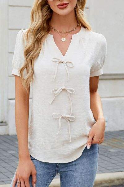 Notched Short Sleeve Blouse - Trendsi - Flyclothing LLC