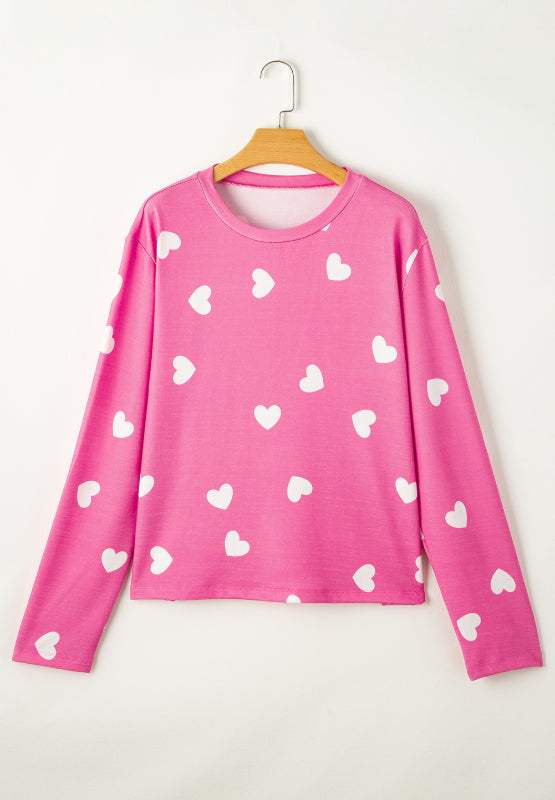 Heart Round Neck Long Sleeve Top and Elastic Waist Shorts Set - Trendsi - Flyclothing LLC