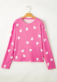 Heart Round Neck Long Sleeve Top and Elastic Waist Shorts Set - Trendsi
