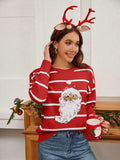 Sequin Santa Striped Round Neck Long Sleeve Sweater - Trendsi - Flyclothing LLC