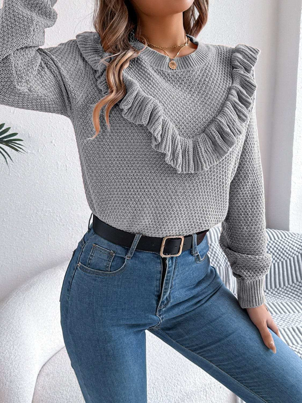 Ruffled Round Neck Long Sleeve Sweater - Trendsi - Flyclothing LLC