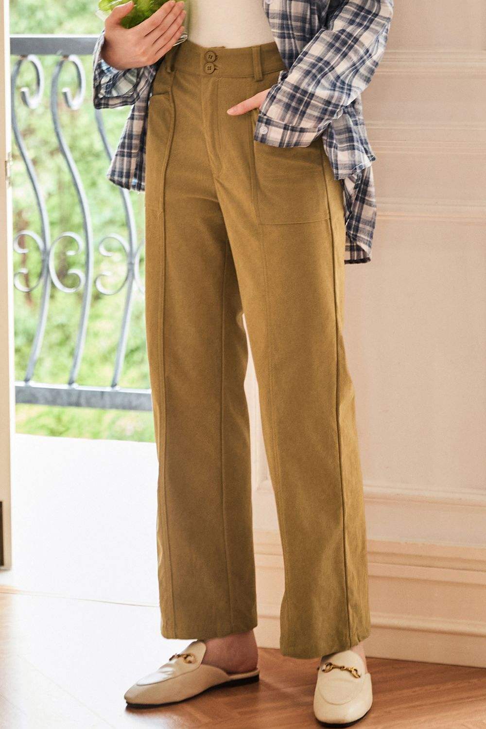 Half Elastic Waist Straight Pants - Trendsi - Flyclothing LLC
