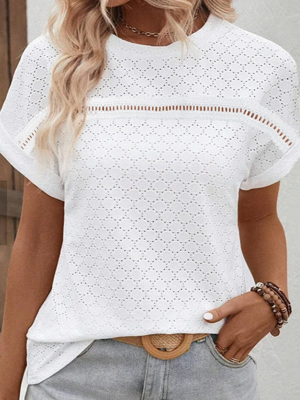Eyelet Round Neck Short Sleeve Blouse - Trendsi