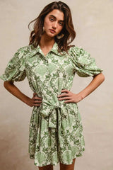 BiBi Tied Floral Short Sleeve Mini Shirt Dress - Trendsi - Flyclothing LLC