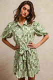 BiBi Tied Floral Short Sleeve Mini Shirt Dress - Trendsi