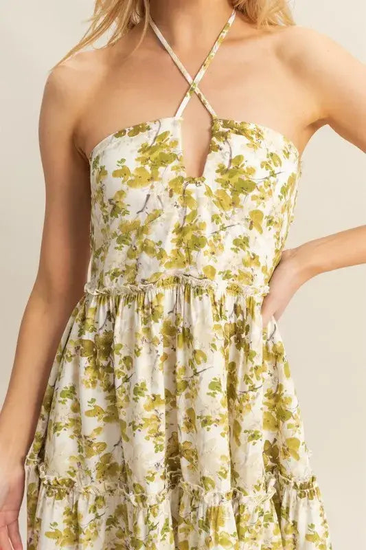 HYFVE Floral Print Halter Neck Tiered Mini Dress - Trendsi - Flyclothing LLC