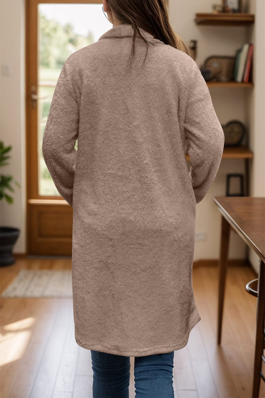 Full Size One Button Long Sleeve Longline Plush Coat - Trendsi