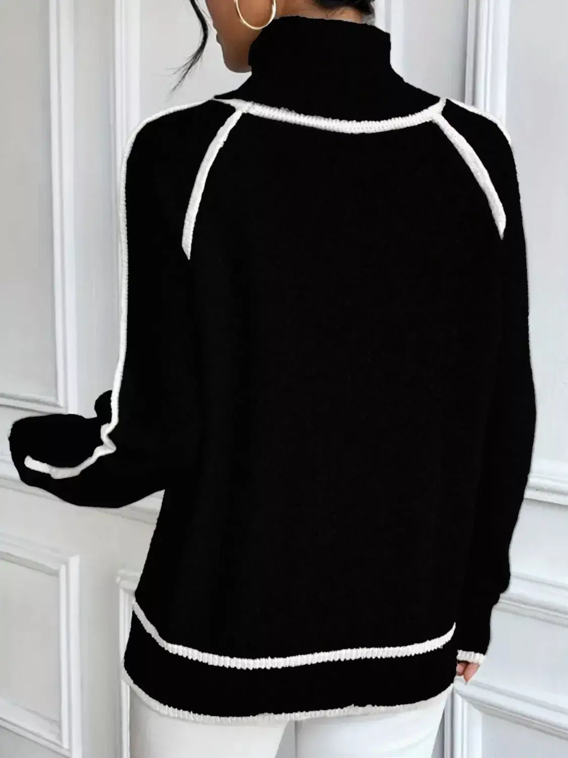 Full Size Turtleneck Contrast Trim Sweater Plus Size - Trendsi - Flyclothing LLC