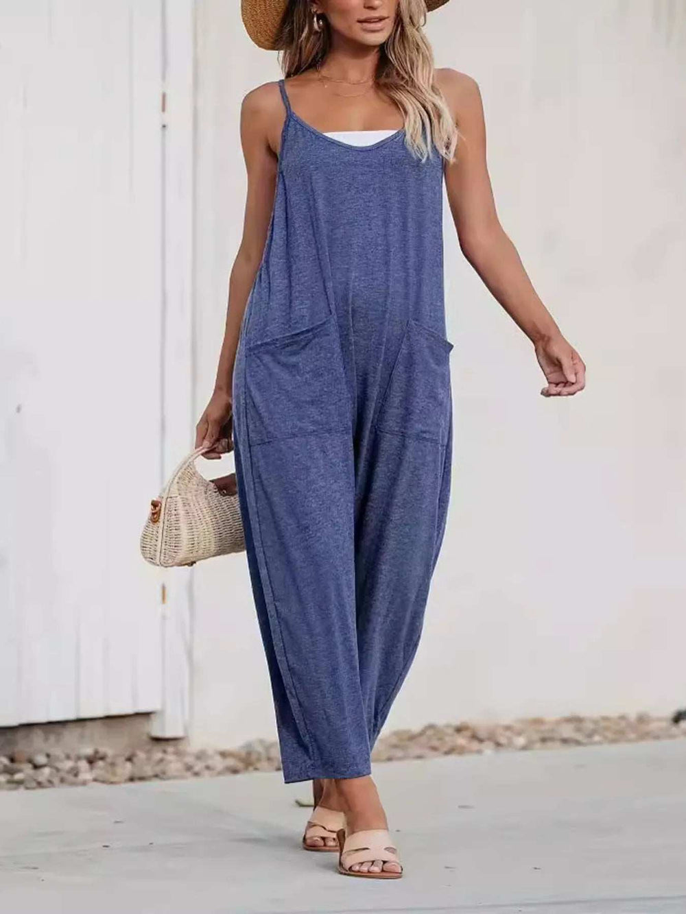 Loose Fit Spaghetti Strap Wide Leg Overalls with Pockets - Trendsi - Flyclothing LLC