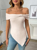 Ribbed Off-Shoulder Asymmetrical Hem T-Shirt - Trendsi - Flyclothing LLC