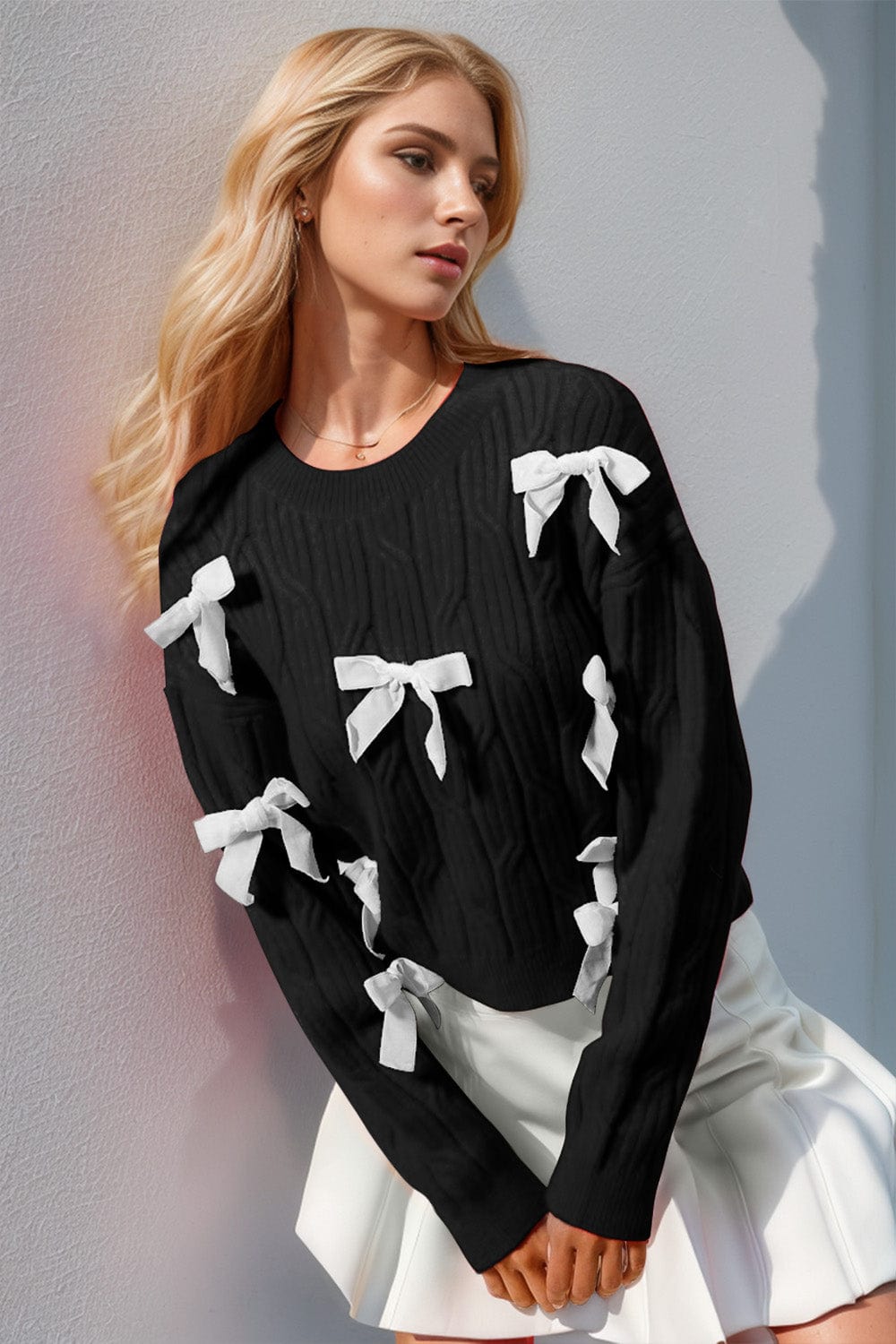 Double Take Full Size Bow Cable-Knit Round Neck Sweater - Trendsi