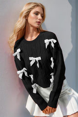 Double Take Full Size Bow Cable-Knit Round Neck Sweater - Trendsi