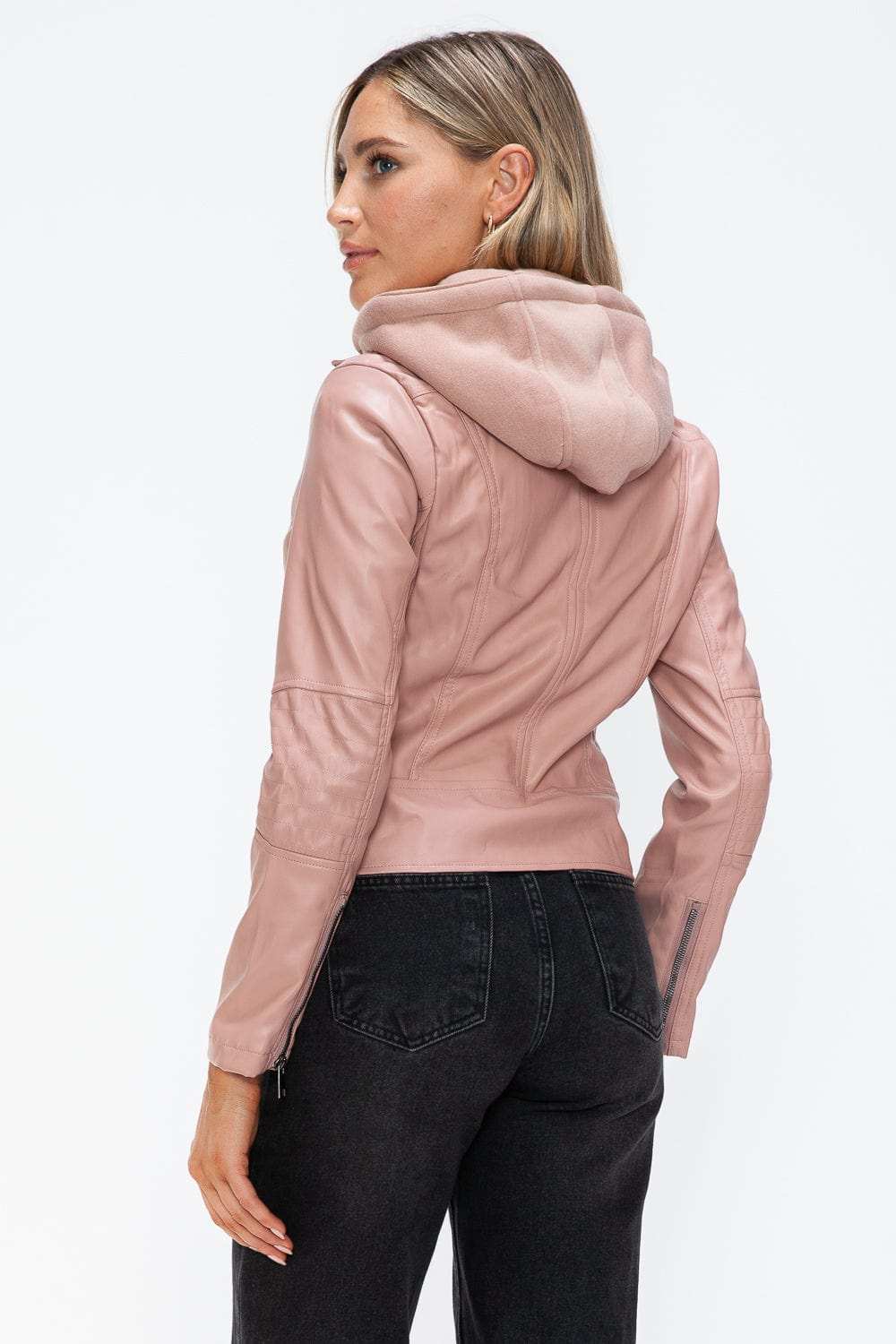 Snobbish Faux Leather Zip Up Drawstring Hooded Jacket - Trendsi - Flyclothing LLC
