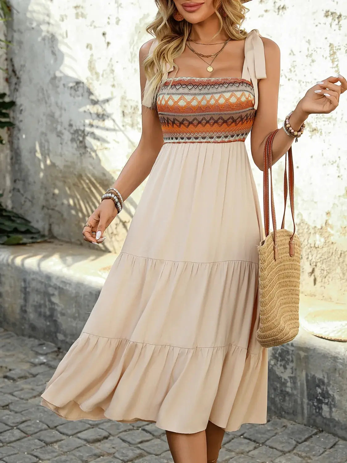 Tie Shoulder Square Neck Tiered Midi Dress - Trendsi - Flyclothing LLC