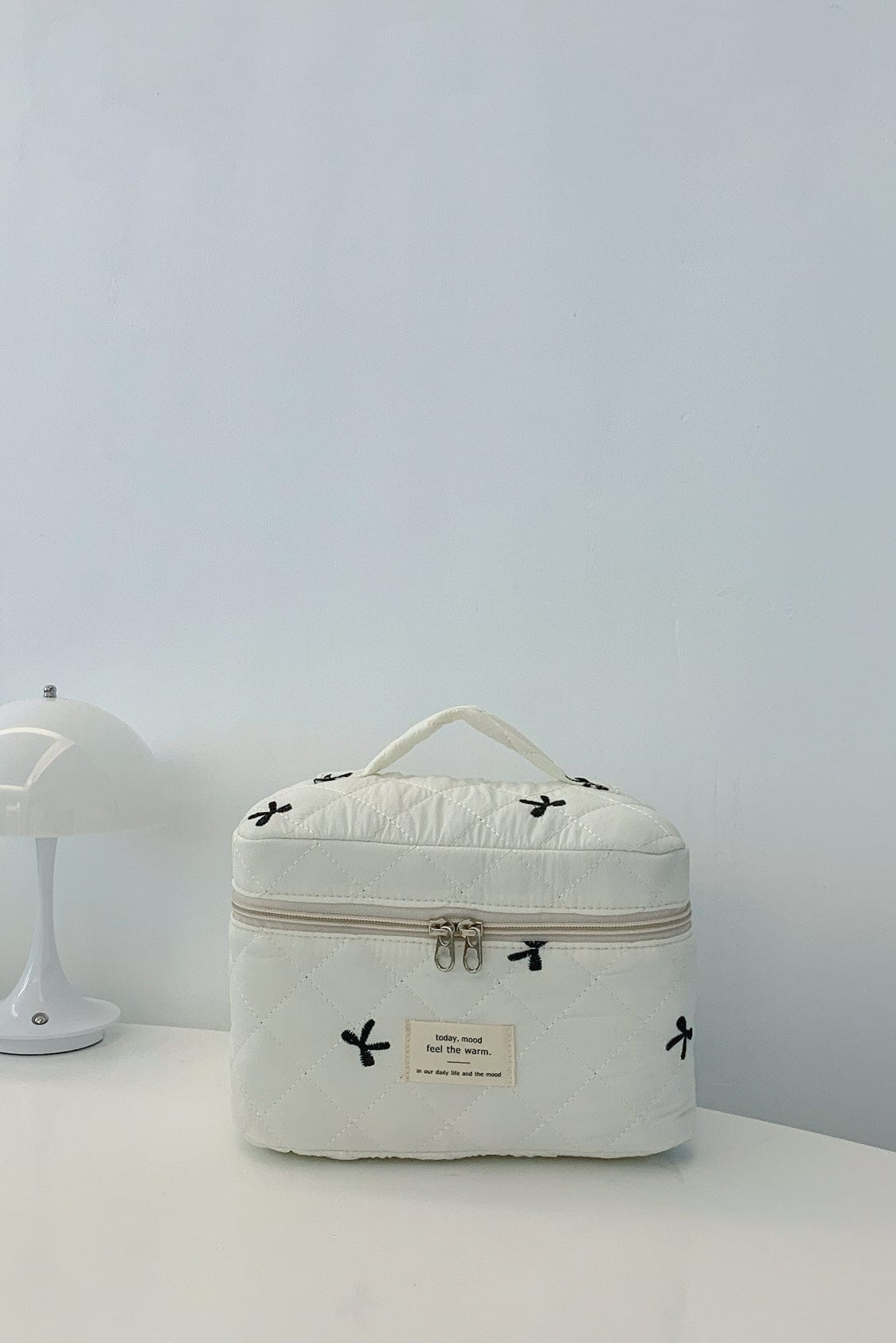 Bow Embroidered Quilted Storage Bag with Zip - Trendsi