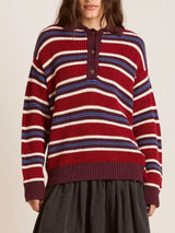 Striped Button Detail Polo Collar Sweater - Trendsi - Flyclothing LLC