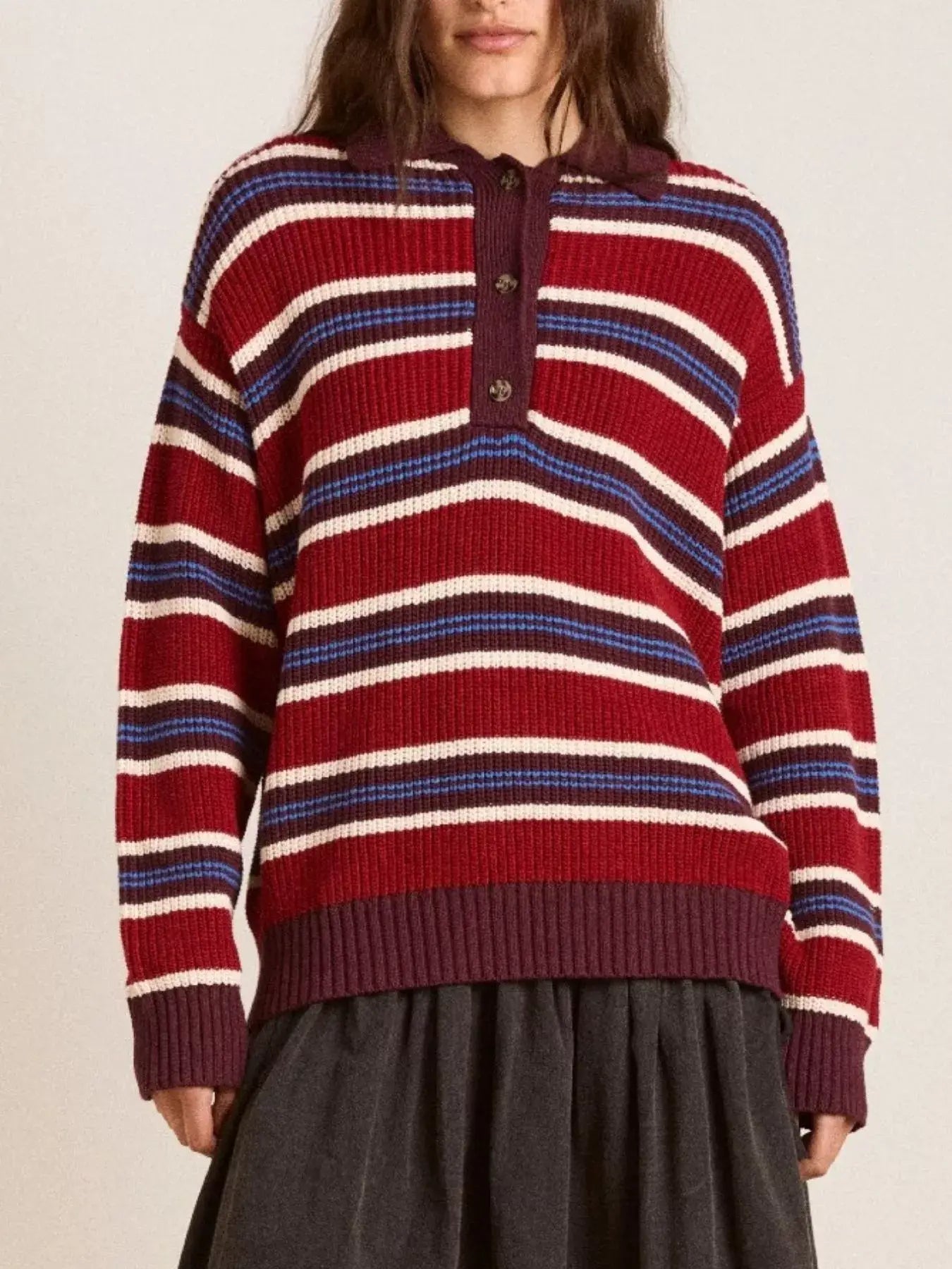 Striped Button Detail Polo Collar Sweater - Trendsi - Flyclothing LLC