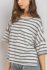 Ces Femme Side Slit Striped Round Neck Half Sleeve T-Shirt - Trendsi - Flyclothing LLC