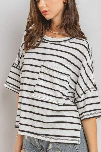 Ces Femme Side Slit Striped Round Neck Half Sleeve T-Shirt - Trendsi - Flyclothing LLC