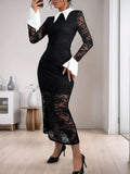 Perfee Lace Contrast Collared Neck Long Sleeve Midi Dress - Trendsi