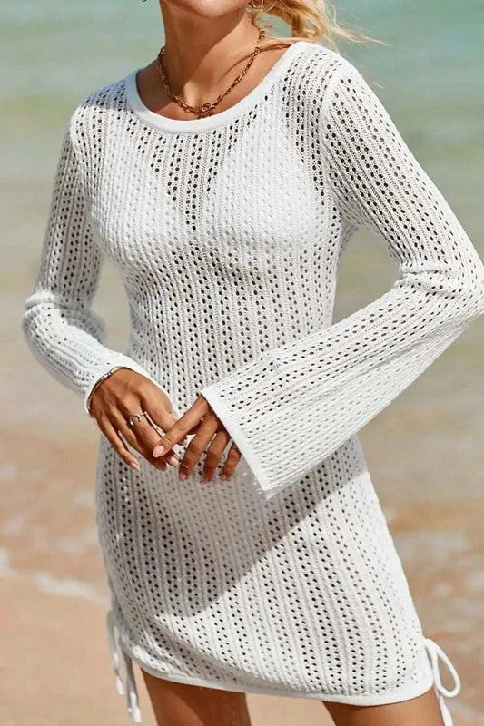 Hollow Out Bell Sleeve Drawstring Knit Cover Up Dress - Trendsi - Flyclothing LLC