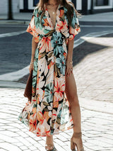 Floral Plunge Half Sleeve Dress - Trendsi - Flyclothing LLC