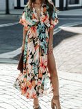 Floral Plunge Half Sleeve Dress - Trendsi