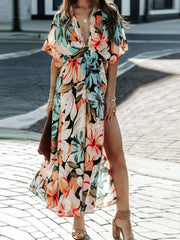 Floral Plunge Half Sleeve Dress - Trendsi