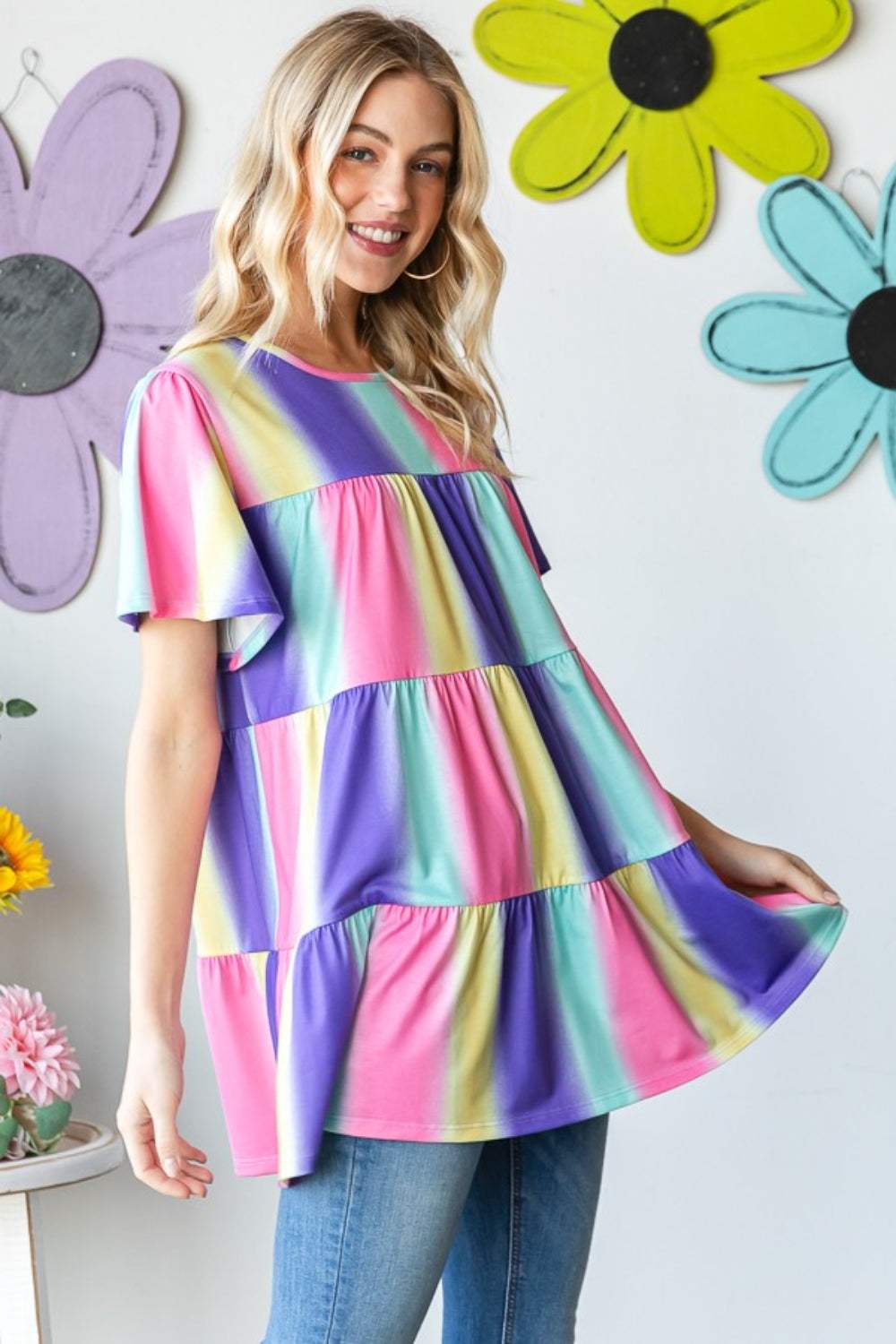 Heimish Full Size Short Sleeve Striped Tiered Top - Trendsi - Flyclothing LLC