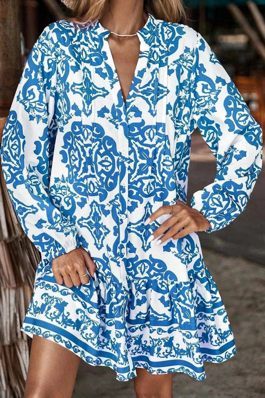 Ruffled Printed Notched Long Sleeve Dress - Trendsi - Flyclothing LLC