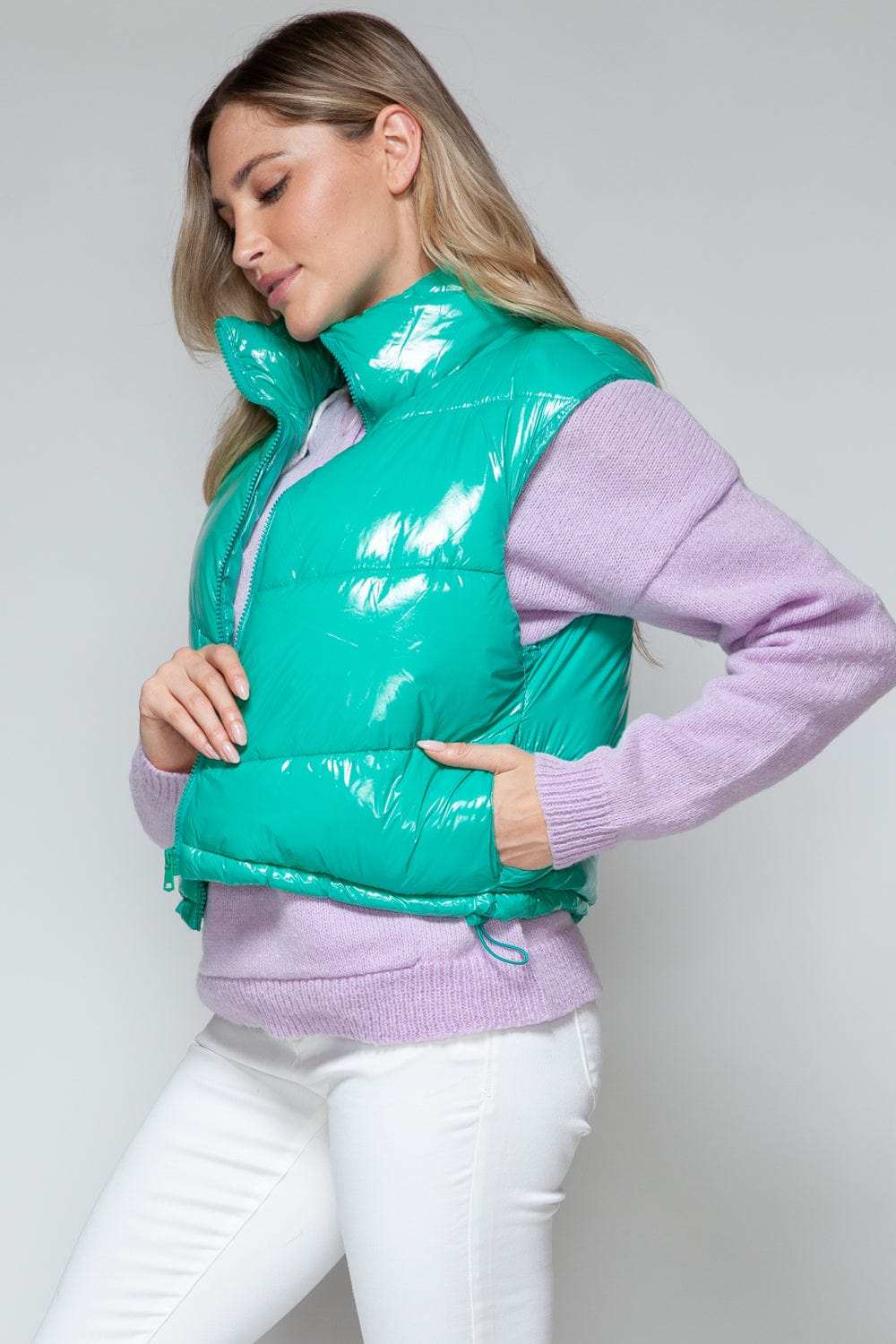 Snobbish Zip Up Turtleneck Shiny Quilted Vest - Trendsi - Flyclothing LLC