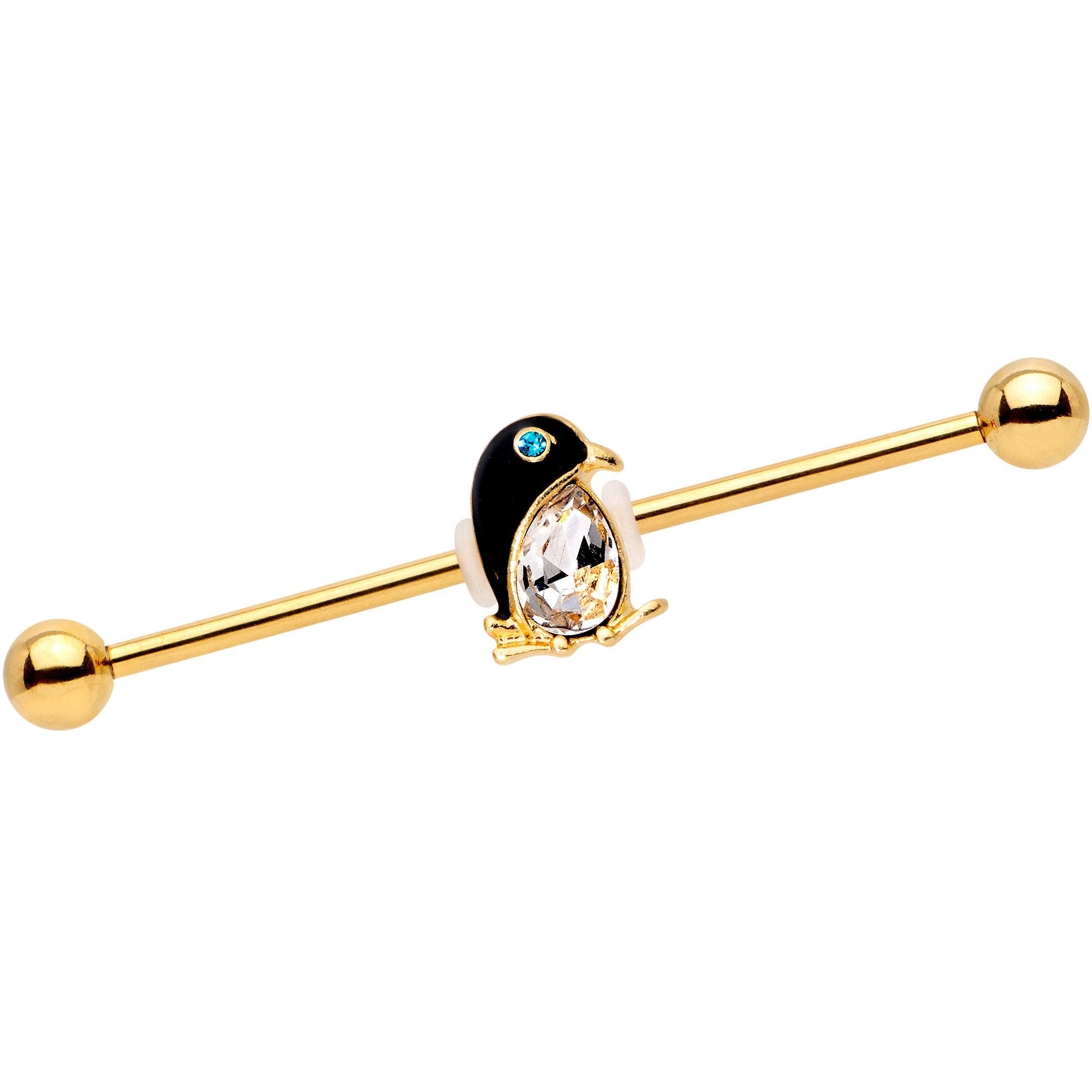 Clear Teal Gem Gold PVD Bling Bling Penguin Industrial Barbell 38mm - BodyCandy - Flyclothing LLC