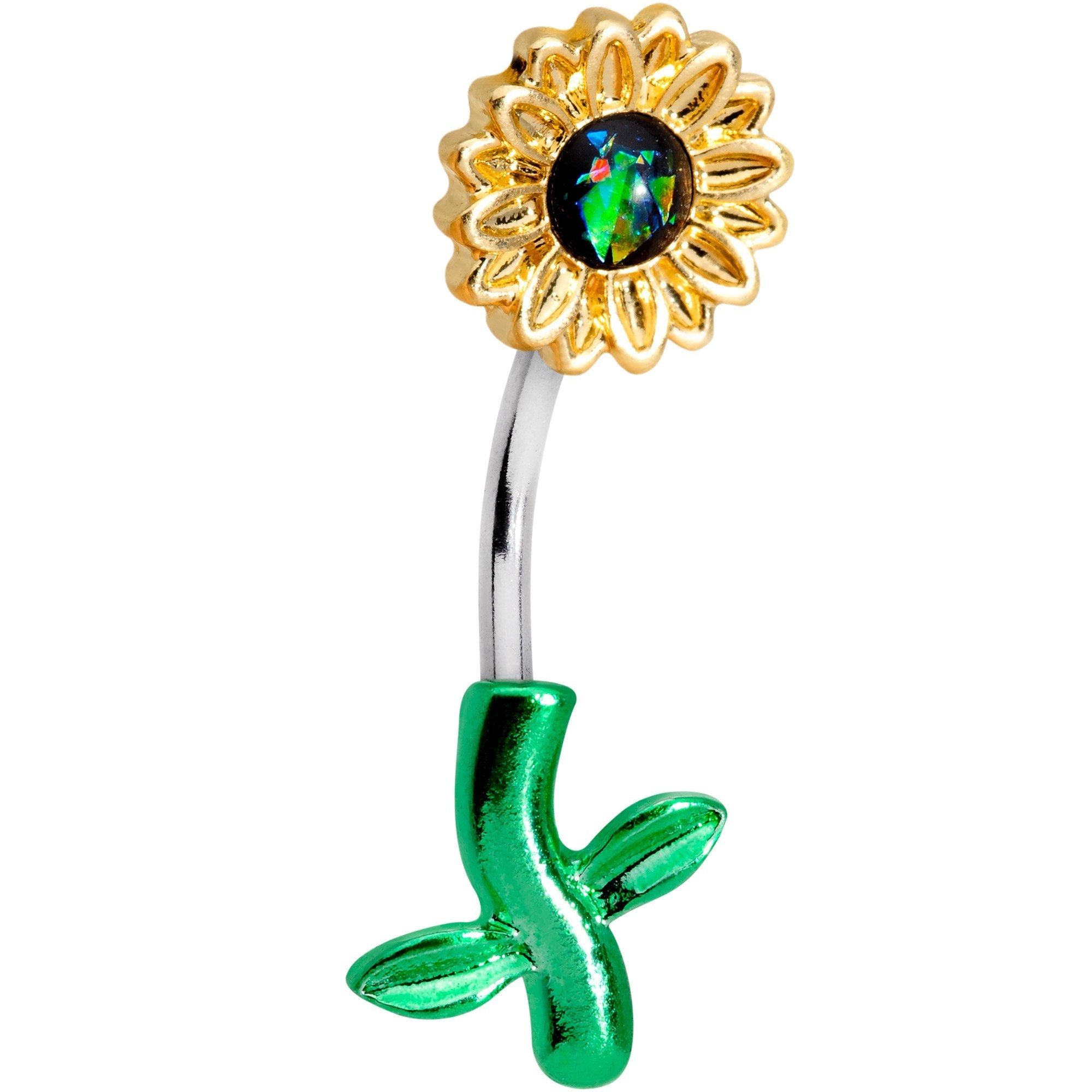 Green Faux Opal Yellow Sunflower Leaf Double Mount Belly Ring - BodyCandy - Flyclothing LLC