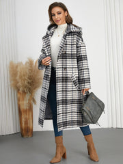 Plaid Double-Breasted Long Sleeve Longline Coat - Trendsi