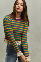 SO ME Mardi Gras Striped Cropped Knit Top with Crochet Edge - Trendsi - Flyclothing LLC