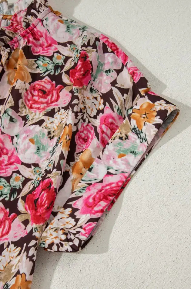 Floral Tie Neck Short Sleeve Blouse - Trendsi - Flyclothing LLC