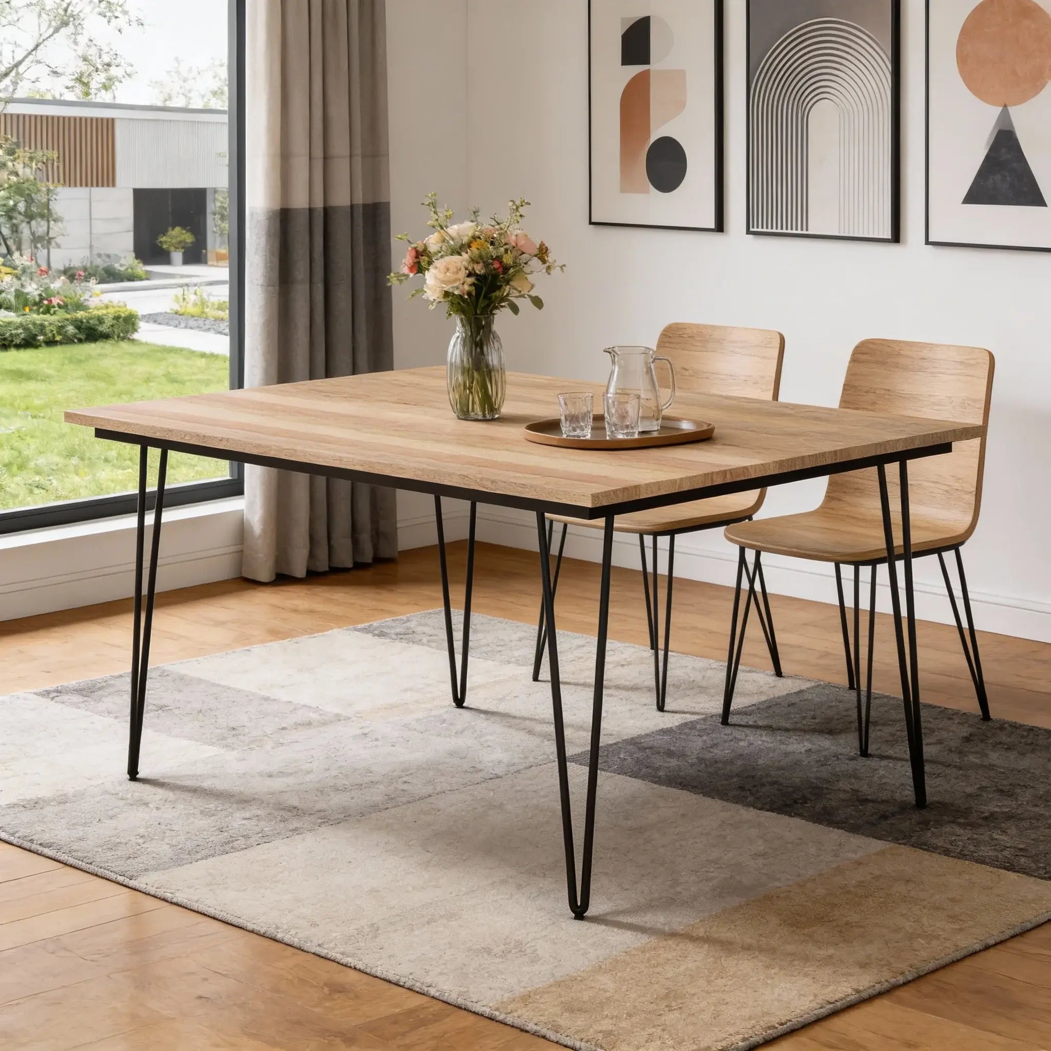 54" Natural and Black Solid Wood and Steel Square Dining Table - Homeroots - Flyclothing LLC